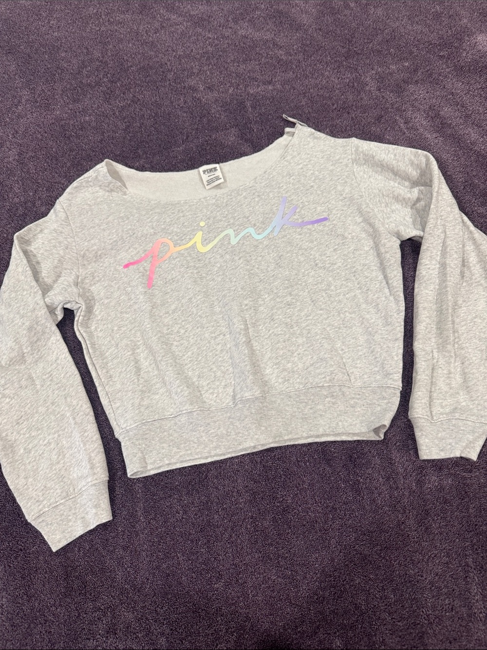 PINK Victoria's Secret Light Gray Crewneck with Pastel Dot Detail